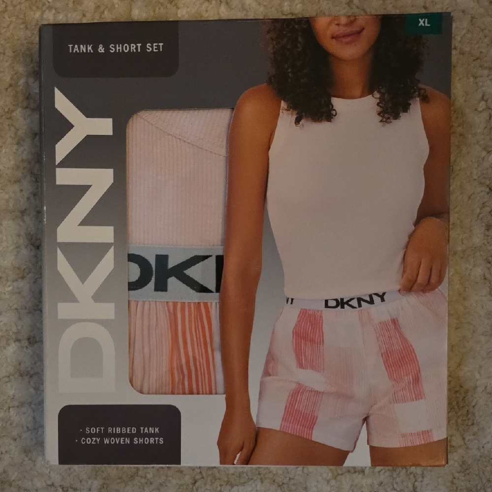 DKNY Ribbed Tank and Woven Shorts Set in Pink and White